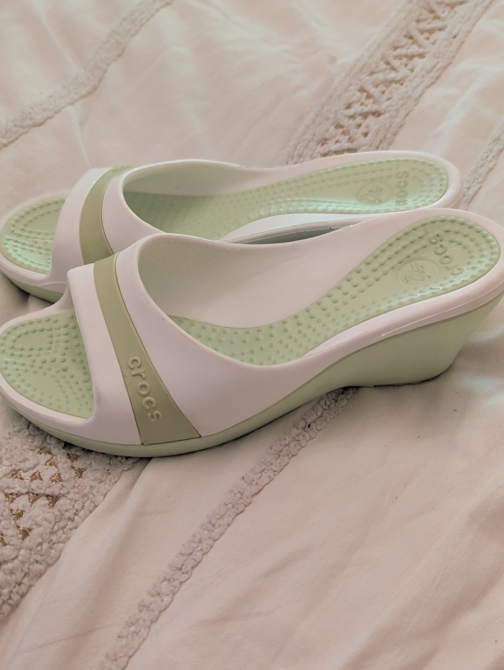CROCS White and Light Green Wedge Slide Mules